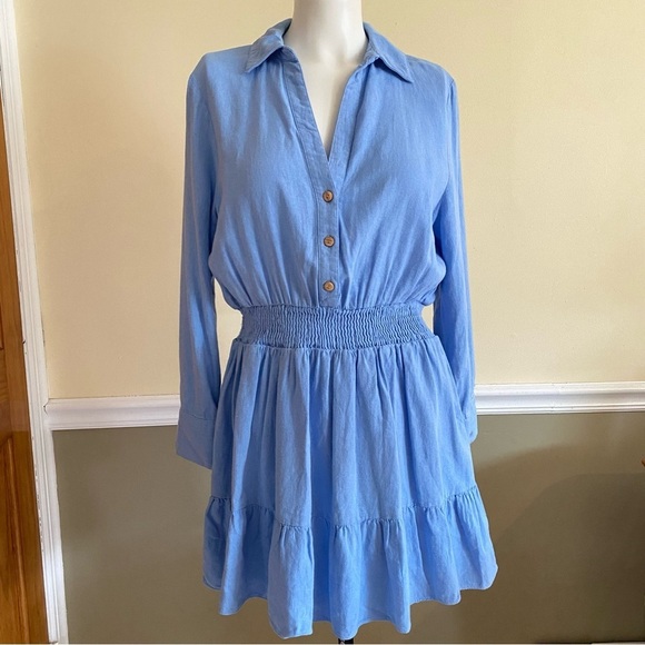 Zara Linen Blend Long Sleeve Blue Mini Dress - Picture 3 of 7